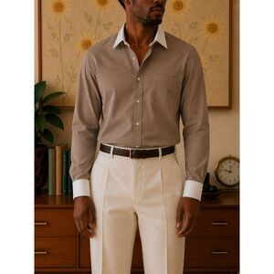 Modena Mens Taupe Herringbone Dress Shirt White Contrast Collar French Cuff 16.5
